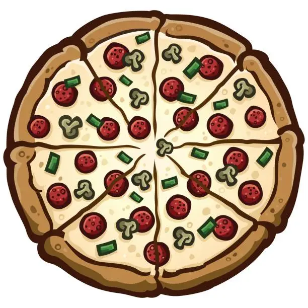 Vector illustration of Large deluxe pizza pie cartoon vector illustration