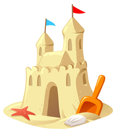 Vector illustration of a sand castle with towers and flags isolated on white.