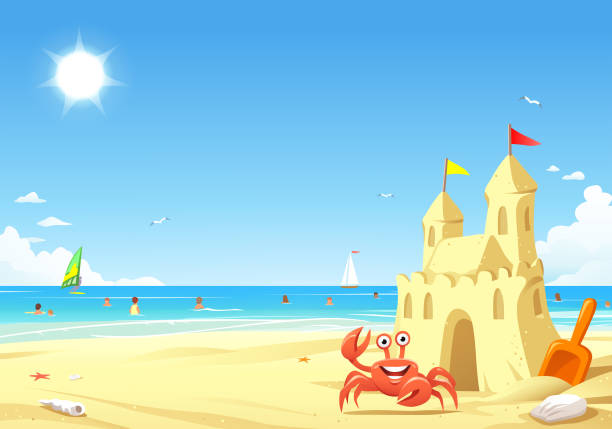 fröhliche krabbe vor dem sandschloss - sand beach summer backgrounds stock-grafiken, -clipart, -cartoons und -symbole