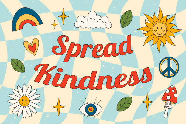 1970-1979 ретро spread kindness слоган в стиле хиппи с грибами, радугой, солнцем, знаком хиппи, ромашкой. векторный постер в винтажном стиле 70-х годов. - 1970 1979 stock illustrations