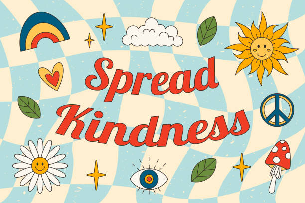1970-1979 retro spread kindness slogan in hippie style with mushroom, rainbow, sun, hippie sign, chamomile. vector poster in vintage style 70s. - 1970 1979 插圖 幅插畫檔、美工圖案、卡通及圖標