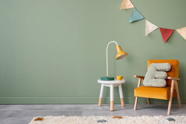 Creative composition of stylish and cozy child room interior design