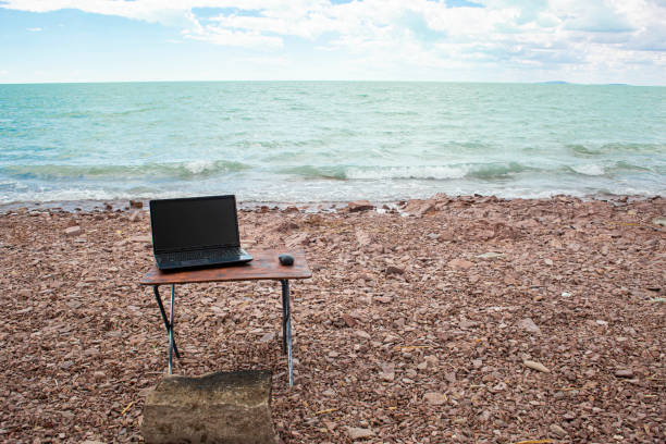 istock freelancer workplace on the sandy beach with a computer on the table. against the backdrop of the ocean and blue sky 1408217758