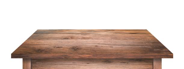 istock wooden table top isolated on white background, old empty wooden table top, Use display or montage your product 1408222245