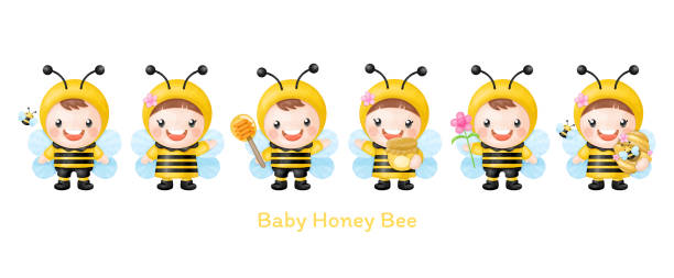 ilustraciones, imágenes clip art, dibujos animados e iconos de stock de baby honey bee acuarela clipart - honey hexagon honeycomb spring