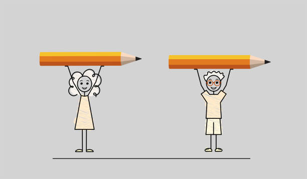 istock back to school simple sketch, drawing clip-art, happy students holding a big orange pencil overhead, colorful doodle vector illustration, artistic personality 1408225521