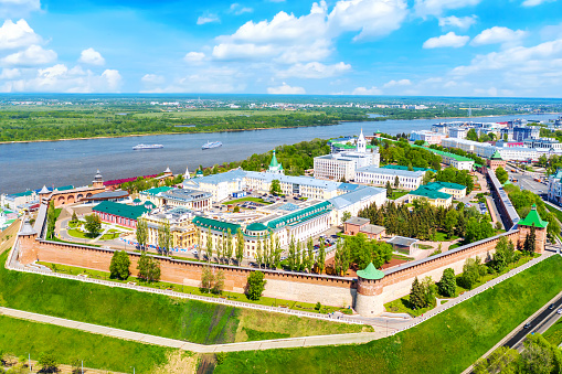 Aerial drone view of Kremlin with Volga river in Nizhny Novgorod, Russia. Summer sunny day.