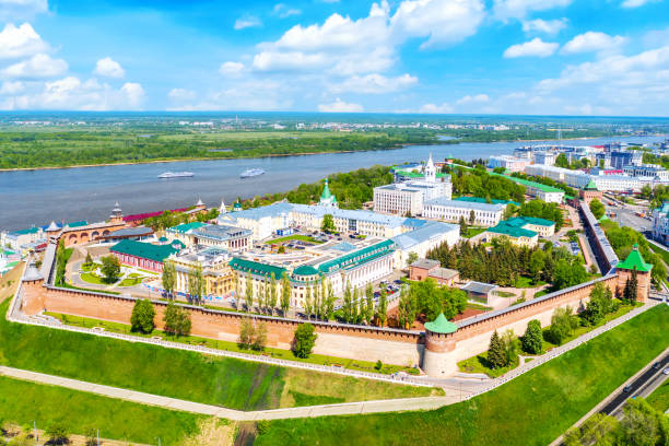 Aerial drone view of Kremlin with Volga river in Nizhny Novgorod, Russia. Summer sunny day Aerial drone view of Kremlin with Volga river in Nizhny Novgorod, Russia. Summer sunny day. nizhny novgorod stock pictures, royalty-free photos & images