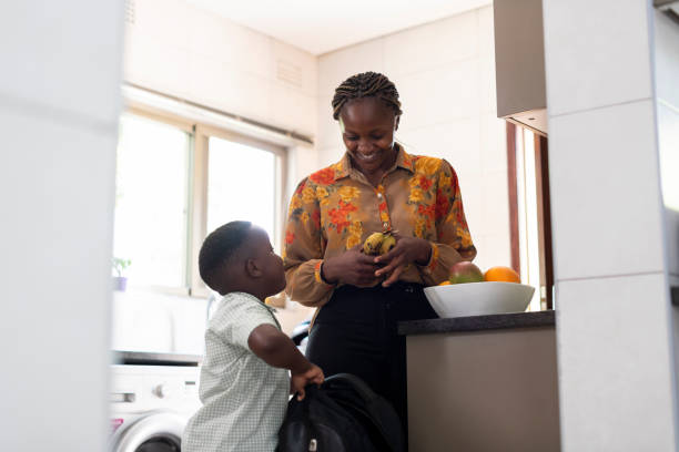 istock Mother packing fruit for son for school while he opens his bag 1408227449