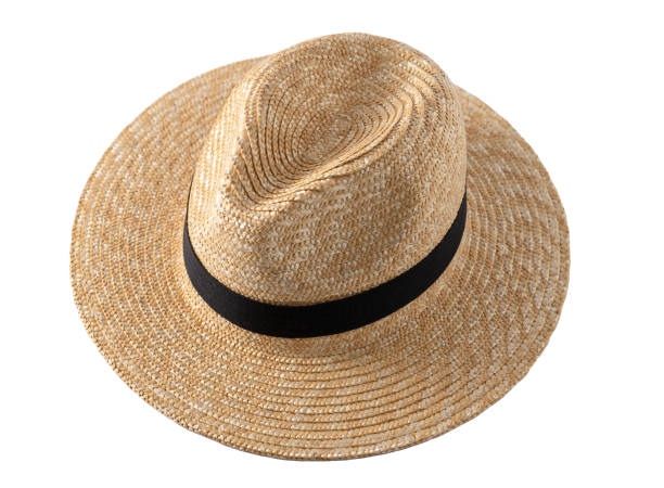 istock Straw fedora hat isolated. Summer hat with black ribbon. Cap on white background. 1408227906