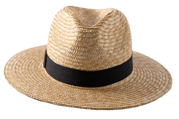 istock Straw fedora hat isolated. Summer hat with black ribbon. Cap on white background. 1408227907