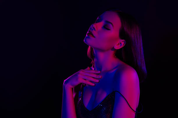 istock Awesome trendy chic touch her skin close eyes remember romantic dance with stranger guy at night club discotheque 1408228011