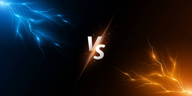 istock Versus background with thunderstorm effect. VS screen for sport games, match, tournament, martial arts. Sport banner. Blue and orange lightning with flashes of light. Vector 1408228116