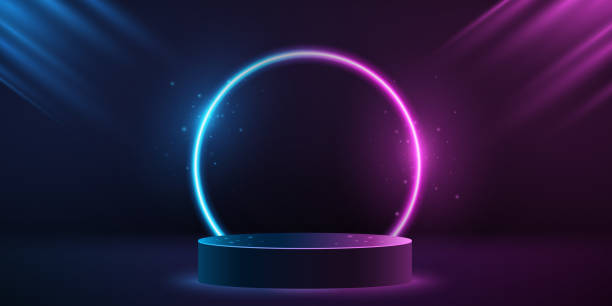 istock Purple and blue neon scene with glowing and sparkling neon frame. 3d podium to display your brand. Pedestal for your mockup. Abstract background. Vector illustration 1408228164
