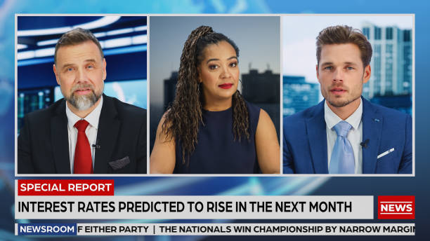 istock TV Live News Program Split Screen Reportage Montage. Anchor, Presenter, Guest Reporting on Business, Economy, Science. Realistic Television Cable Channel. Mockup Broadcast Network Concept 1408231549