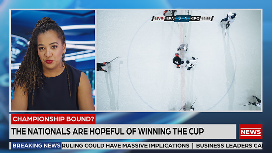 Split Screen TV News Live Report: Anchor Talks. Reportage Montage: Professional Ice Hockey Game Championship Match, Players Scoring Goal, Celebrating. Television Program Channel Concept
