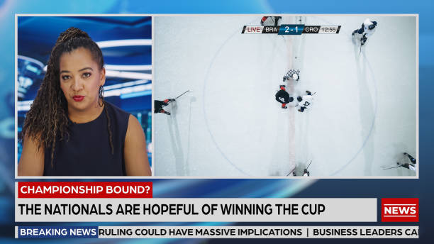 Photo of Split Screen TV News Live Report: Anchor Talks. Reportage Montage: Professional Ice Hockey Game Championship Match, Players Scoring Goal, Celebrating. Television Program Channel Concept