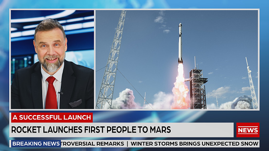 Split Screen TV News Live Report: Anchor Talks. Reportage Montage: Space Travel, Successful Rocket Launch with Astronaut, Control Room Celebrating. Television Program Channel Concept