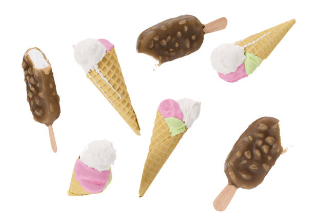istock Delicious ice cream isolated on white background. Various ice-cream scoops with assorted balls of vanilla and strawberry icecream in waffles. Chocolate ice-cream with almonds. Cut out. 3d rendering. 1408232379