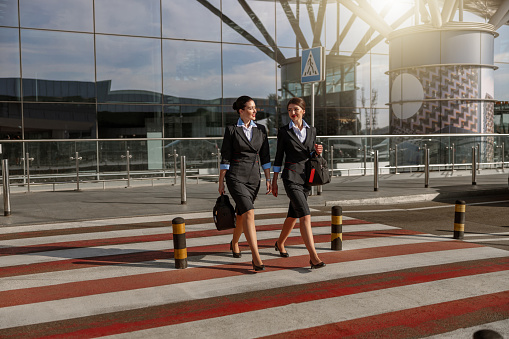 Full-length photo of smiling pretty flight attendants with bags crossing the road while talking outdoor