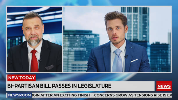 istock Split Screen Edit, Two Anchors Talking TV Live News Segment. Presenters Discuss Business, Economy, Politics, Science, Daily Events. Evening Television Program on Cable Channel Concept 1408233130
