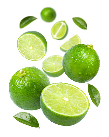 Stock photo showing elevated view of citrus fruit slice on white background, modern minimalist photo of sliced lime showing segments, seeds / pips and rind around edge, healthy eating concept photo for vitamin C and fruit juice.