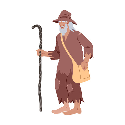 A walking old tramp with a stick and a travel bag. Poor ragamuffin. Vector illustration isolated on a white background in a cartoon and flat design.