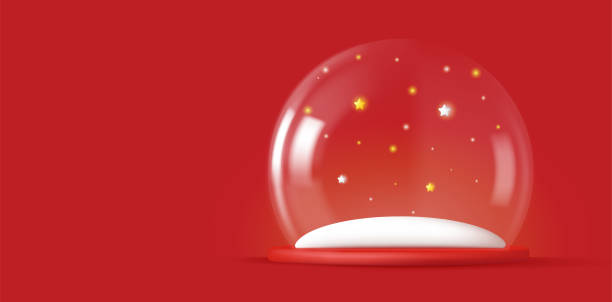 ilustraciones, imágenes clip art, dibujos animados e iconos de stock de bola de nieve de cúpula de vidrio mágico de navidad, vacía con nieve y confeti de polvo mágico, gráfico de renderizado 3d sobre fondo rojo - snow globe dome glass transparent