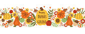 istock Thanksgiving day horizontal seamless border pattern. Pumpkin, autumn leaves sunflower Fall floral endless banner vector illustration. 1408238347