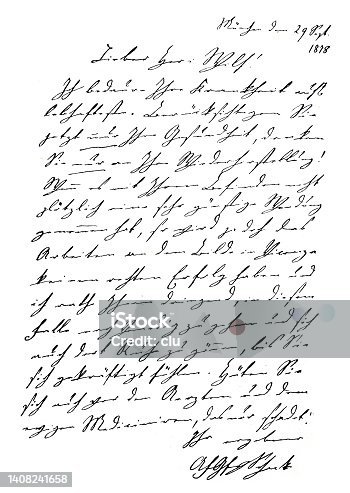 istock Handwritten letter from 1878, by Graf von Schack, German poet, art and literary historian. 1408241658