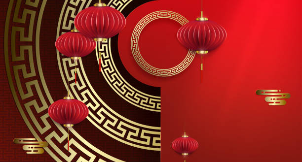 istock Air lanterns in paper art style on a red background with a golden frame 1408242779