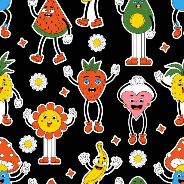 Vector illustration of Retro psychedelic seamless patterns, groovy backgrounds. Vector hippy pattern with 70s, 80s vibes groovy elements funny comic cartoon characters with faces, gloved hands and feet on black background.