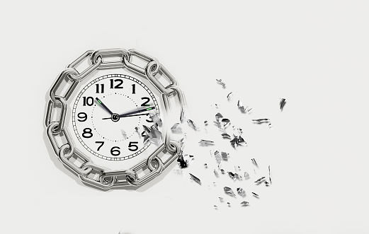 time clock chain break breaking isolated in  white background escape from prison freedom explosion deviding  - 3d rendering