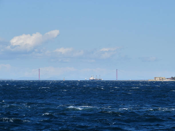 Cargo ship crossing the strait , 1915 Canakkale Bridge in background