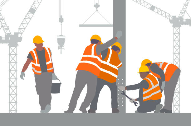 Construction Workers Flat Design styled construction workers. Construction Industry, growth development, construction company brochure template stock illustrations