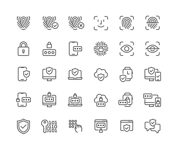 ikony linii zabezpieczeń danych edytowalny obrys - security code illustrations stock illustrations