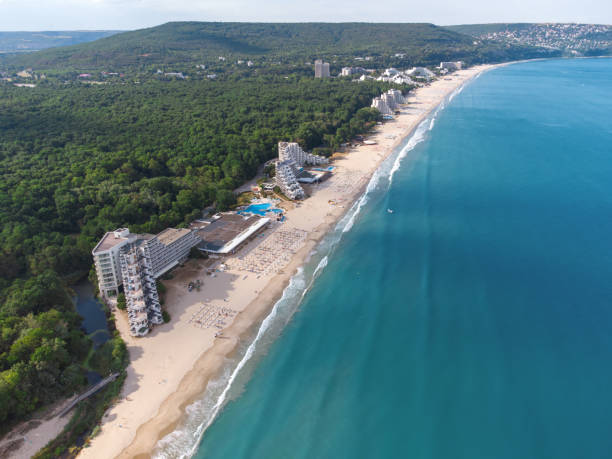 Aerial drone view of Albena empty sandy beach resort, Bulgaria stock photo