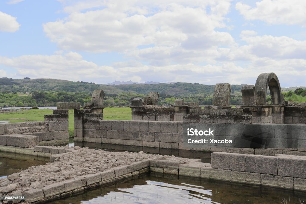 Aquis Querquennis, the most important Roman military camp in Galicia that spends part of the year covered with water because it is in a reservoir, in Bande, Baixa Limia, Orense, Spain. Ourense Stock Photo