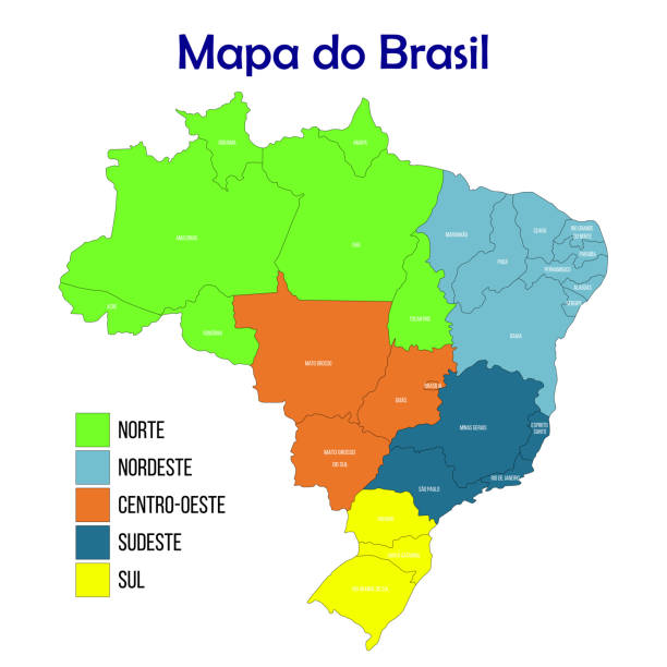 ilustraciones, imágenes clip art, dibujos animados e iconos de stock de mapa de brasil dividido por regiones, con nombres de estados - brazil