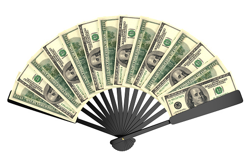 Fan of American dollar bills. Wealthy life concept. Object on white background. 3d rendering.