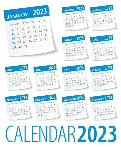 ilustraciones, imágenes clip art, dibujos animados e iconos de stock de conjunto de hojas de calendario 2023 - ilustración vectorial - june