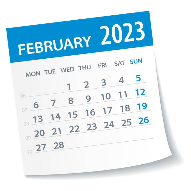 ilustraciones, imágenes clip art, dibujos animados e iconos de stock de hoja del calendario de febrero de 2023. la semana comienza el lunes. ilustración vectorial - jueves