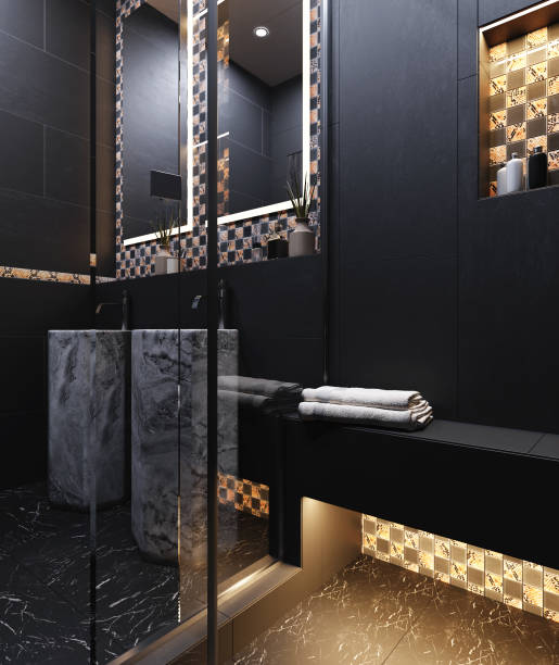istock Modern bathroom interior in dark colors with checkered ceramic tile wall. 3d rendering 1408248846