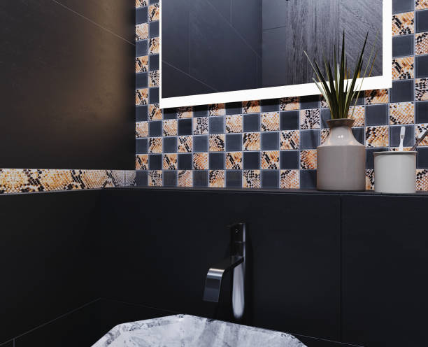 istock Modern bathroom interior in dark colors with checkered ceramic tile wall. 3d rendering 1408248847