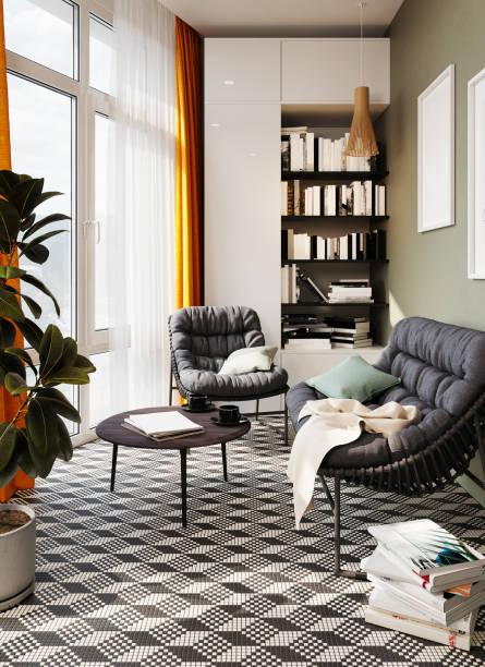 관엽 식물이있는 현대적인 거실 인테리어와 흰색과 검은 색 타일이 늘어선 바닥. 3d 렌더링 - loft apartment window apartment vehicle interior 뉴스 사진 이미지