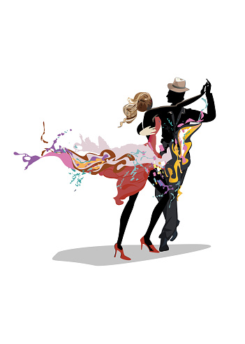 Abstract dancing couple decorated with splashes, waves, notes. Hand drawn vector illustration.
