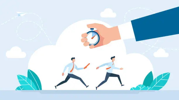 Vector illustration of Time management. Business baton pass, relay, job handover or partnership and teamwork. Deadline, punctuality. Two businessmen pass the baton running a relay race. Team. Vector flat illustration