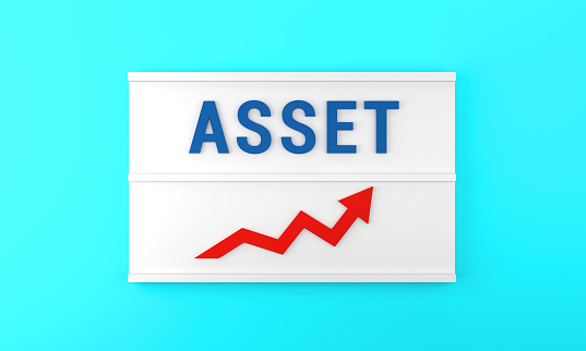 Success arrow and asset text on the lightbox, on the blue background. Finance and Economy concept.