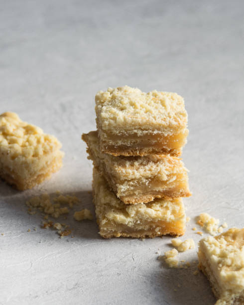 istock Pieces of lemon cake, lemon bars on a grey background, selective focus. 1408253404