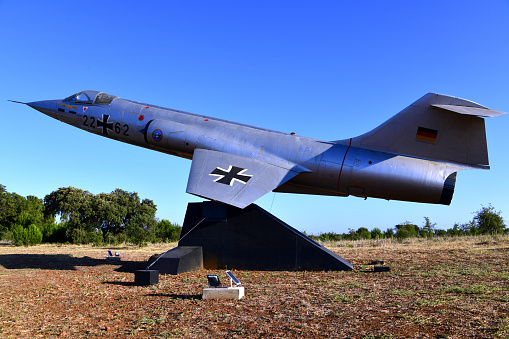 Beja, Portugal: a retired Luftwaffe Lockheed F-104 Starfighter aircraft at Air Base No. 11 (Base Aérea Nº 11, BA11) - US built single-engine, supersonic interceptor aircraft.  In 1958, West Germany selected the F-104 as its primary fighter aircraft. Air Base No. 11 was run by the Luftwaffe until 1993.